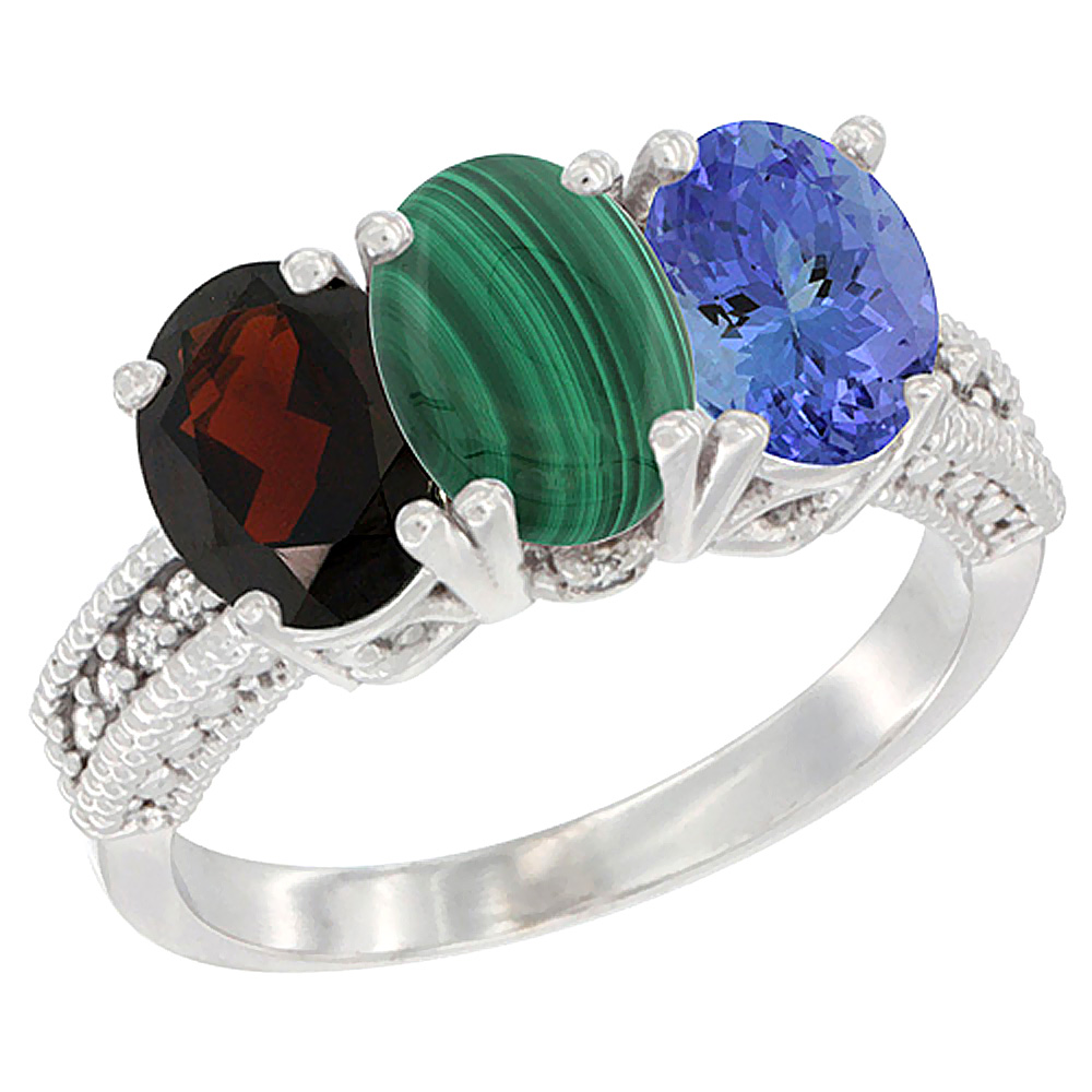 14K White Gold Natural Garnet, Malachite & Tanzanite Ring 3-Stone 7x5 mm Oval Diamond Accent, sizes 5 - 10