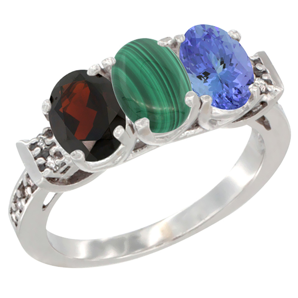 14K White Gold Natural Garnet, Malachite & Tanzanite Ring 3-Stone 7x5 mm Oval Diamond Accent, sizes 5 - 10