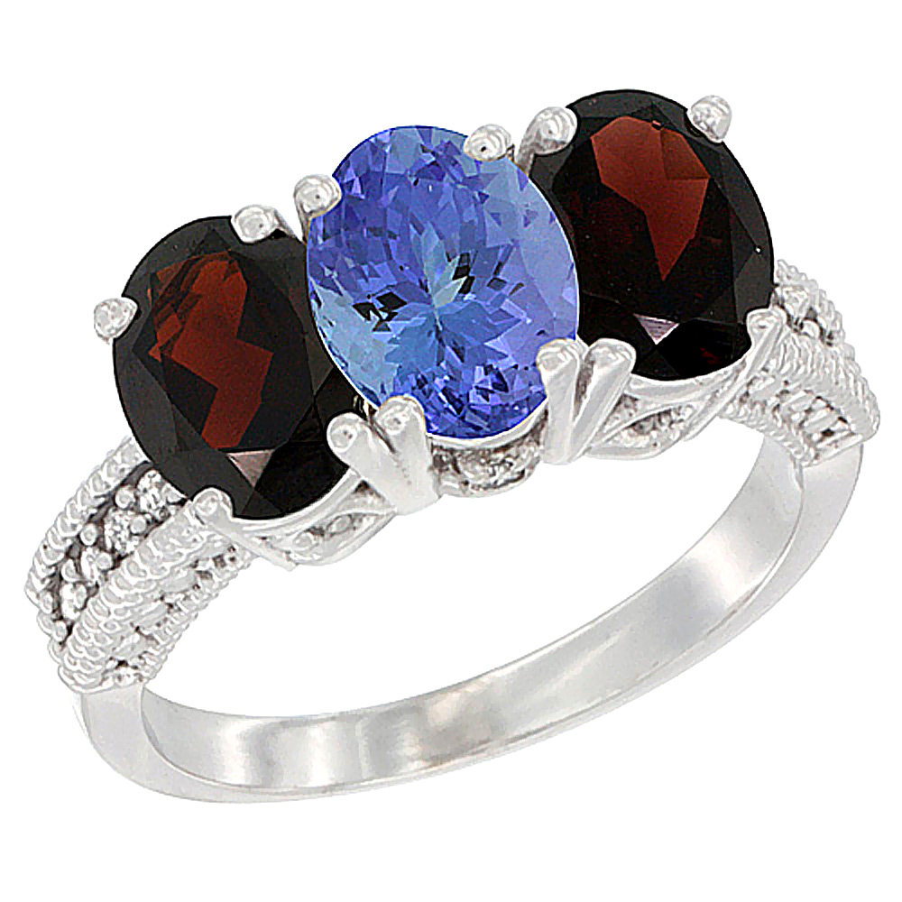 14K White Gold Natural Tanzanite & Garnet Sides Ring 3-Stone 7x5 mm Oval Diamond Accent, sizes 5 - 10