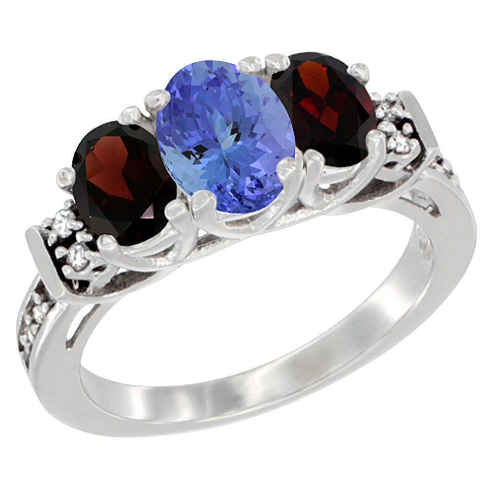 10K White Gold Natural Tanzanite & Garnet Ring 3-Stone Oval Diamond Accent, sizes 5-10