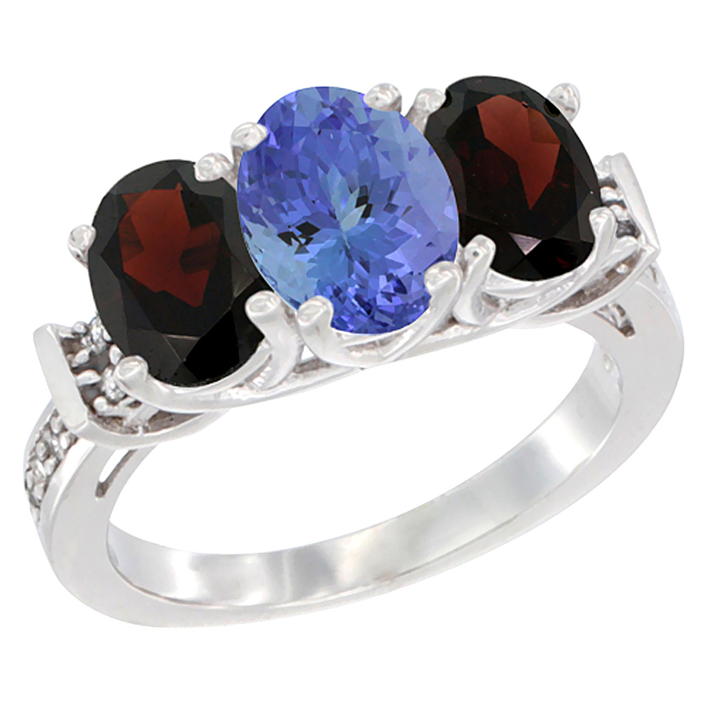 14K White Gold Natural Tanzanite & Garnet Sides Ring 3-Stone Oval Diamond Accent, sizes 5 - 10