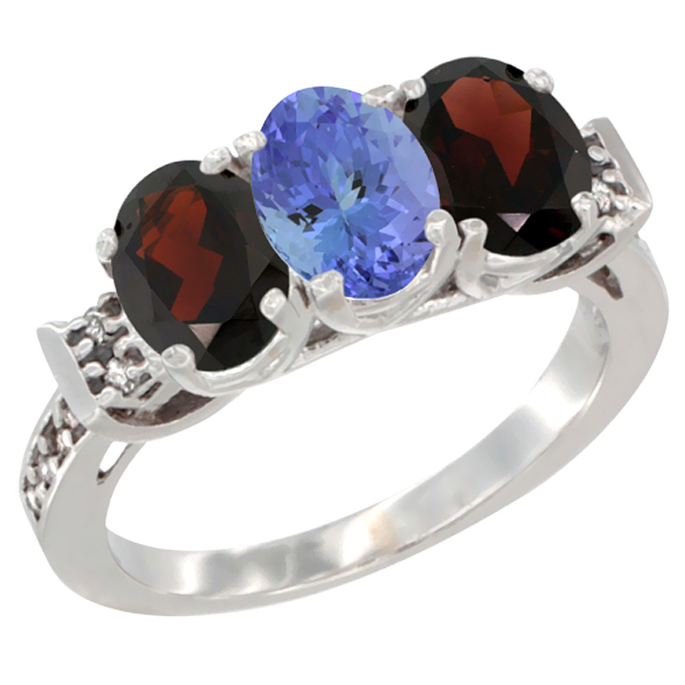 14K White Gold Natural Tanzanite & Garnet Sides Ring 3-Stone 7x5 mm Oval Diamond Accent, sizes 5 - 10