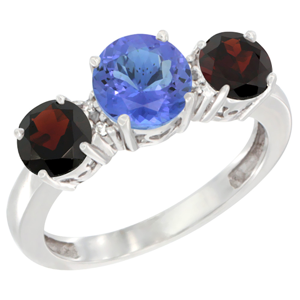 14K White Gold Round 3-Stone Natural Tanzanite Ring &amp; Garnet Sides Diamond Accent, sizes 5 - 10