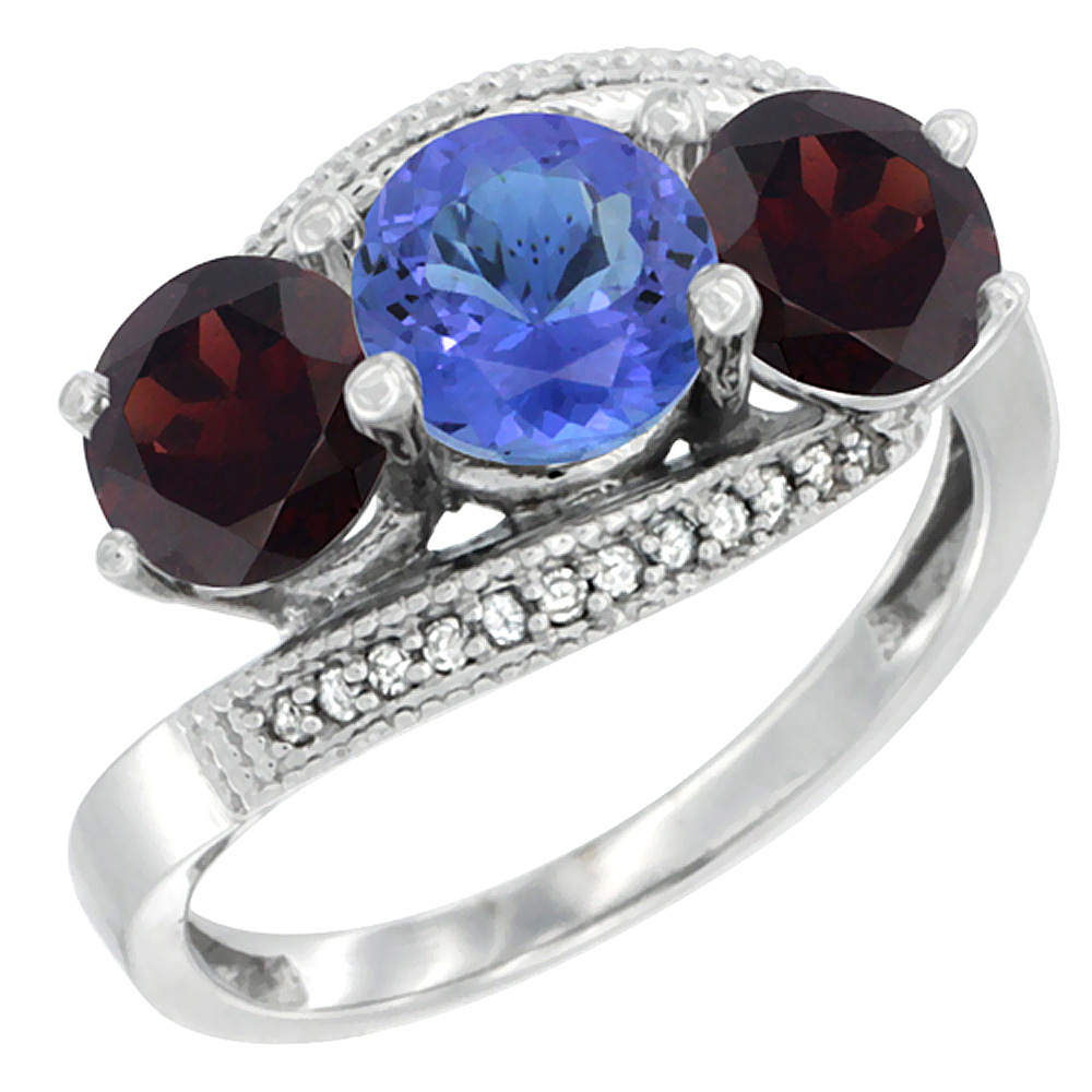 14K White Gold Natural Tanzanite & Garnet Sides 3 stone Ring Round 6mm Diamond Accent, sizes 5 - 10