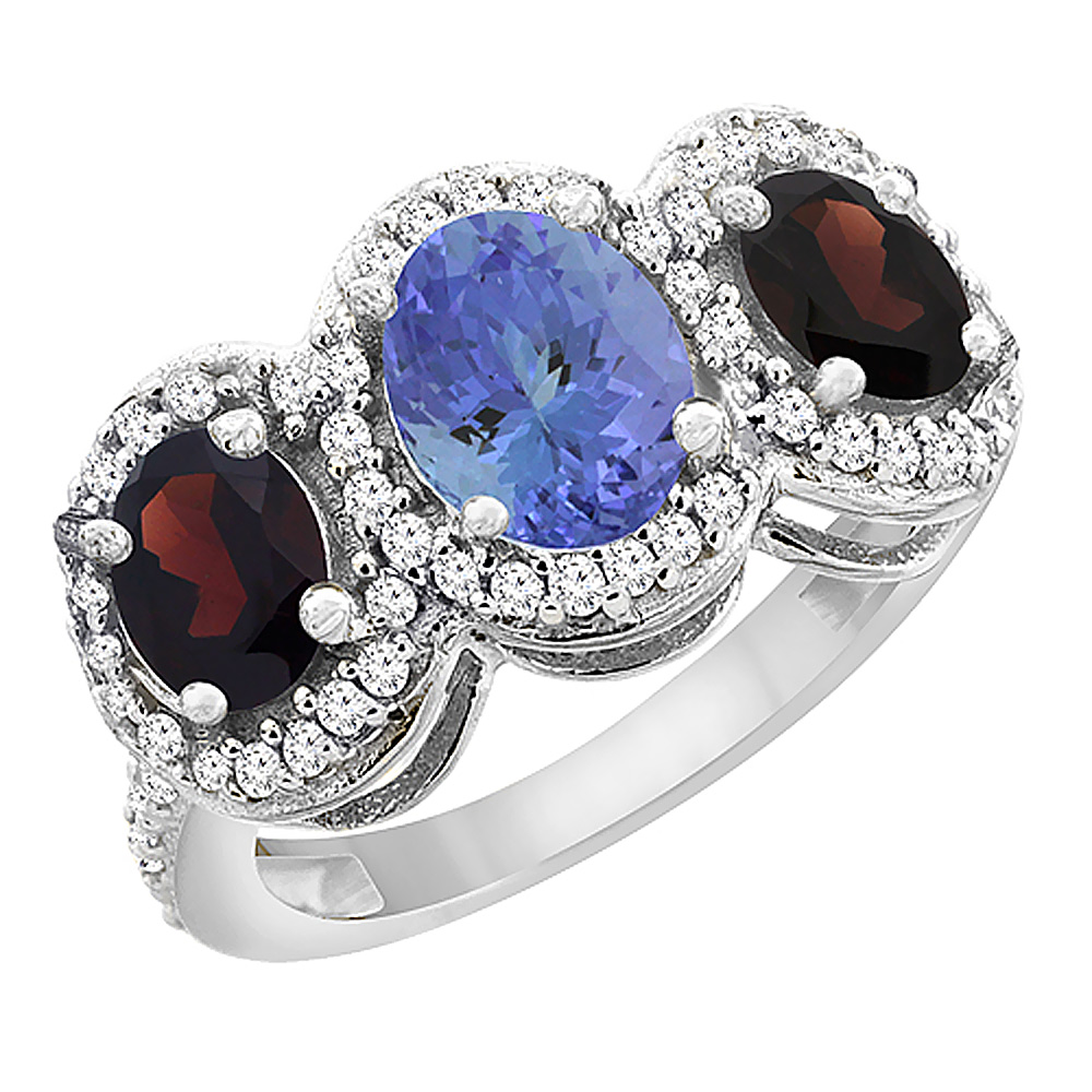 14K White Gold Natural Tanzanite & Garnet 3-Stone Ring Oval Diamond Accent, sizes 5 - 10