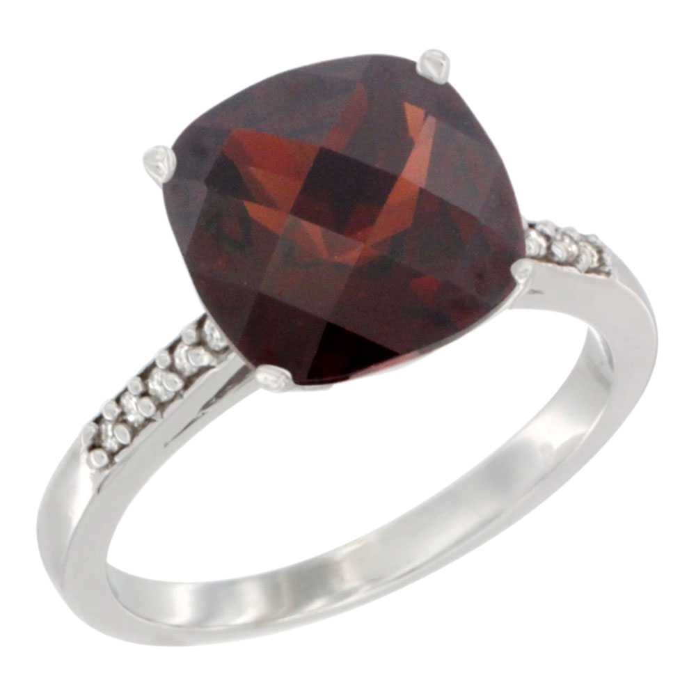 14K Yellow Gold Natural Garnet Ring 9 mm Cushion-cut Diamond accent, sizes 5 - 10