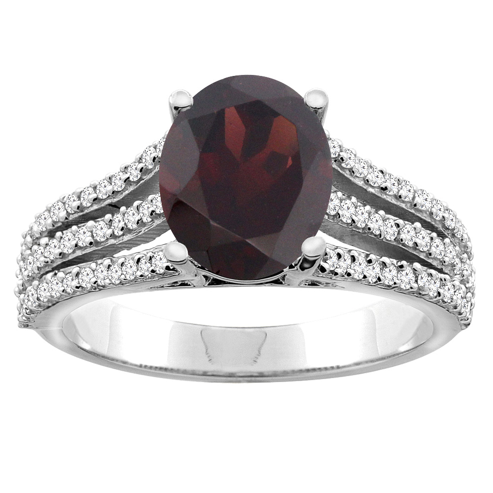 10K White/Yellow Gold Natural Garnet Tri-split Ring Oval 9x7mm Diamond Accents, sizes 5 - 10