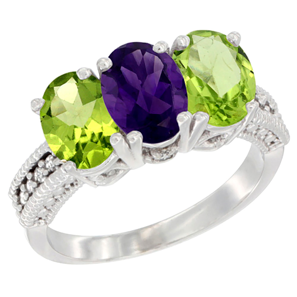 10K White Gold Natural Amethyst &amp; Peridot Sides Ring 3-Stone Oval 7x5 mm Diamond Accent, sizes 5 - 10