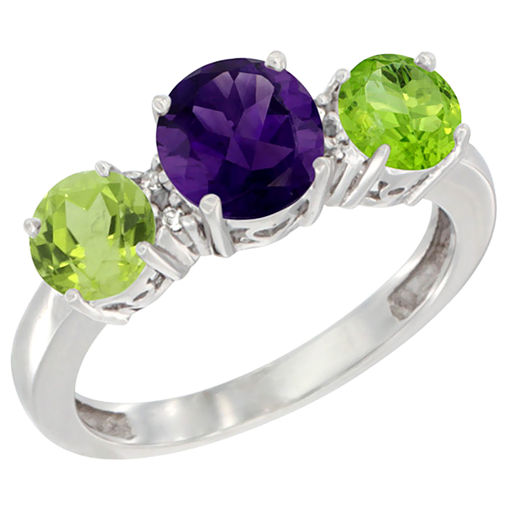 10K White Gold Round 3-Stone Natural Amethyst Ring &amp; Peridot Sides Diamond Accent, sizes 5 - 10