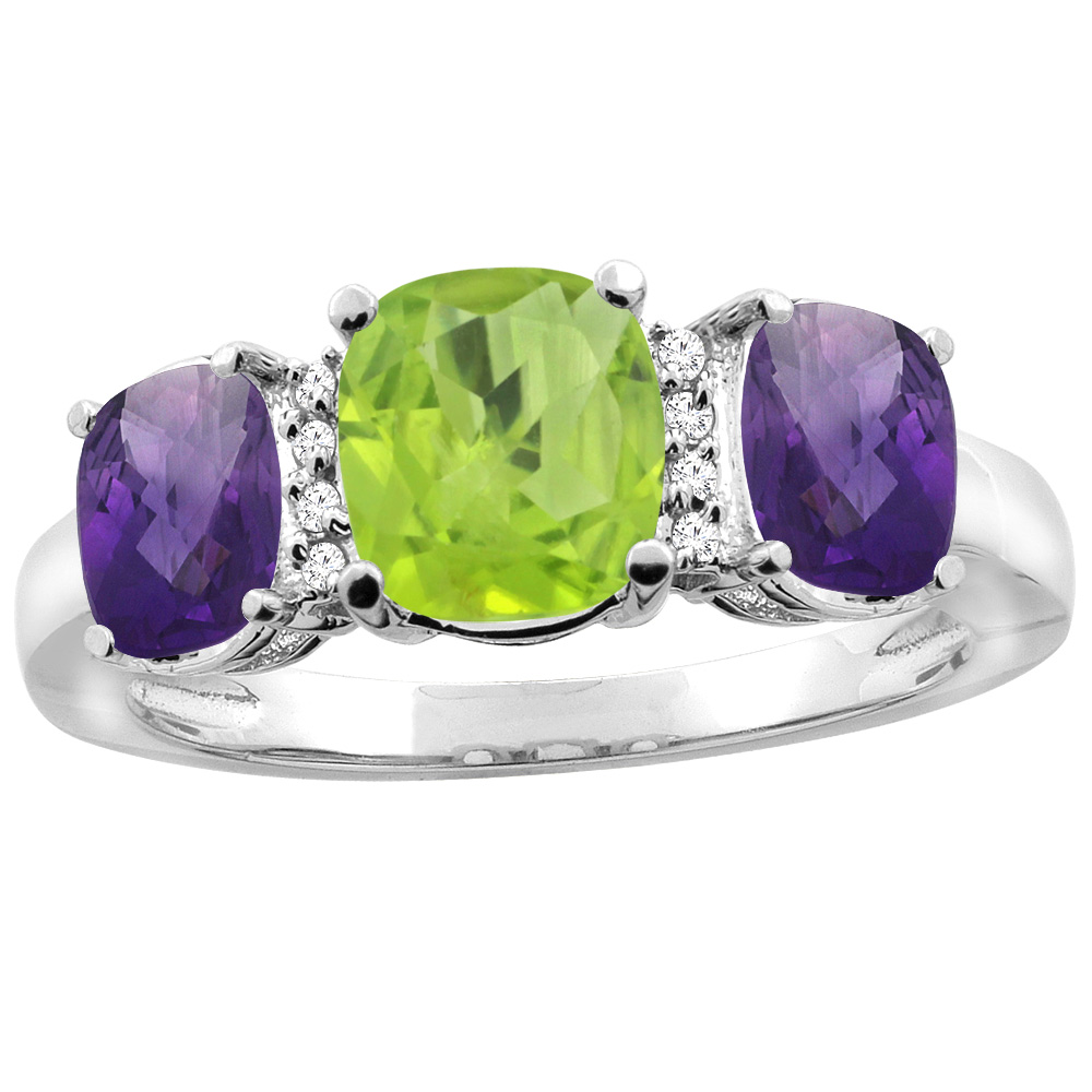 10K White Gold Natural Peridot & Amethyst 3-stone Ring Cushion 8x6mm Diamond Accent, sizes 5 - 10