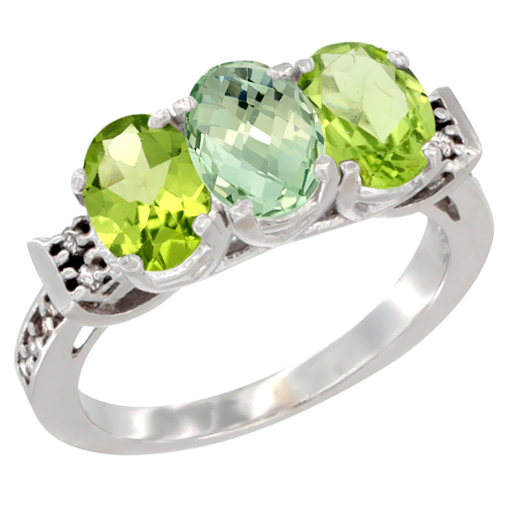 14K White Gold Natural Green Amethyst & Peridot Sides Ring 3-Stone 7x5 mm Oval Diamond Accent, sizes 5 - 10