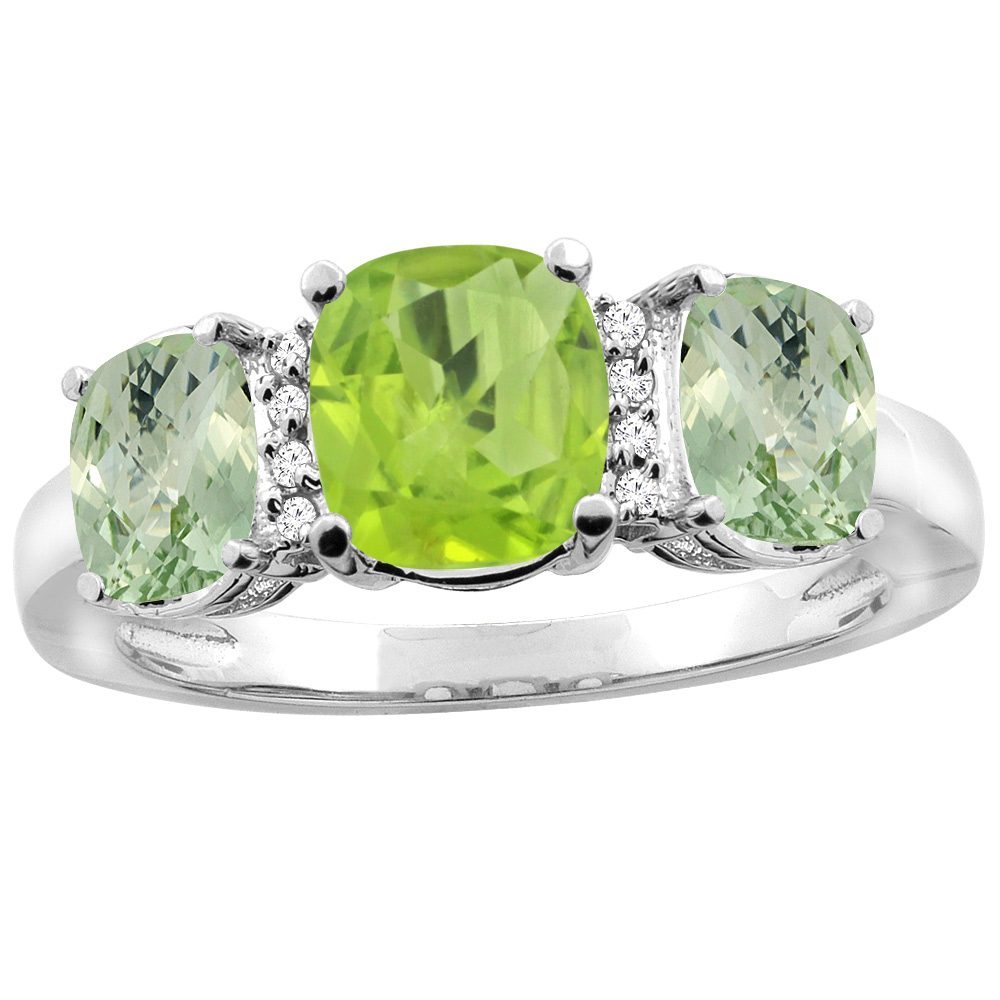 14K White Gold Natural Peridot & Green Amethyst 3-Stone Ring Cushion 8x6mm Diamond Accent, sizes 5 - 10