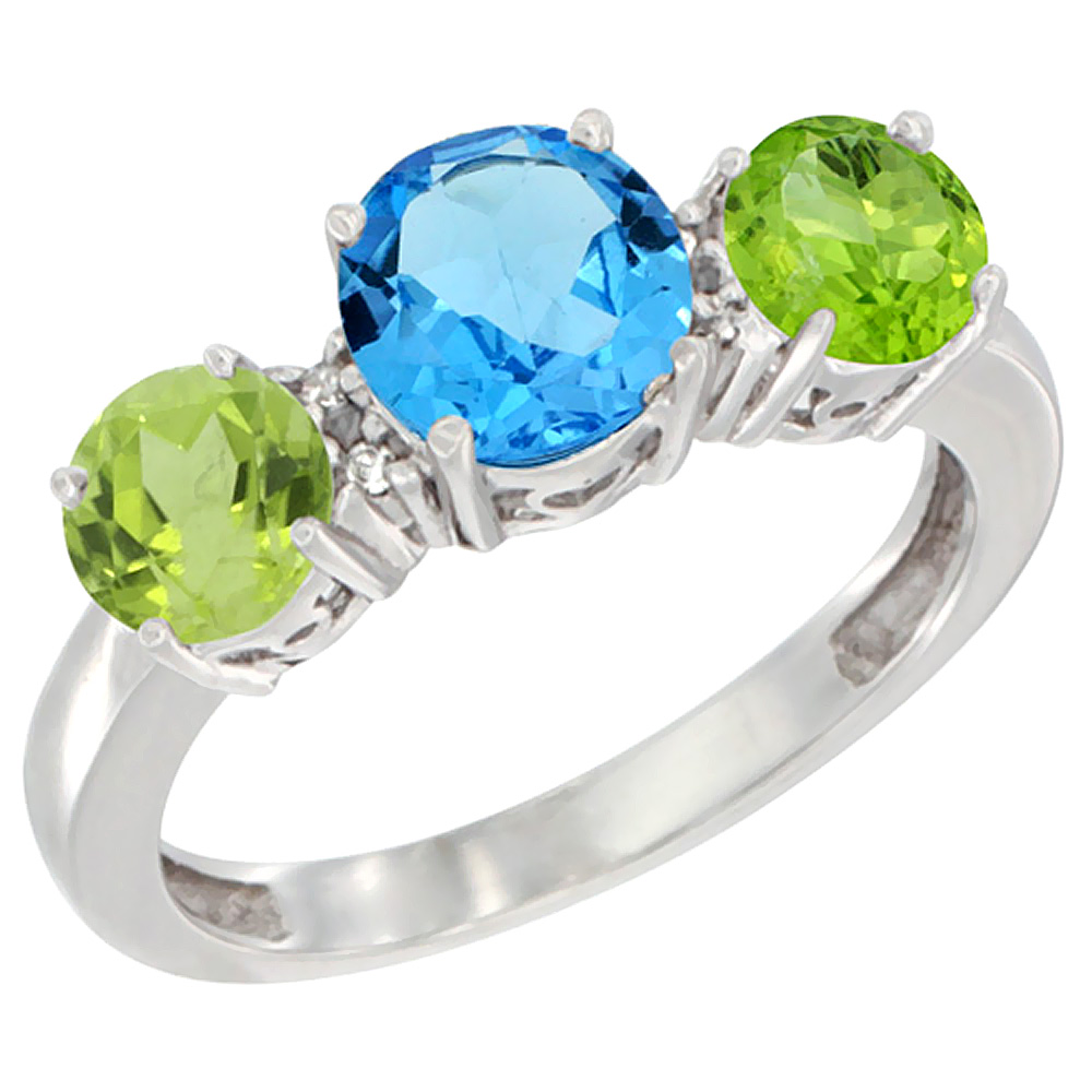 14K White Gold Round 3-Stone Natural Swiss Blue Topaz Ring &amp; Peridot Sides Diamond Accent, sizes 5 - 10