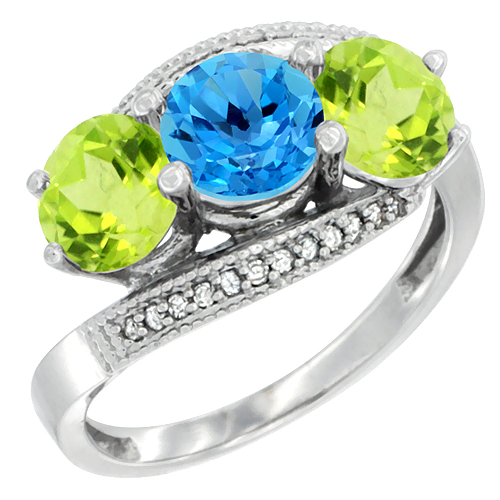 14K White Gold Natural Swiss Blue Topaz & Peridot Sides 3 stone Ring Round 6mm Diamond Accent, sizes 5 - 10