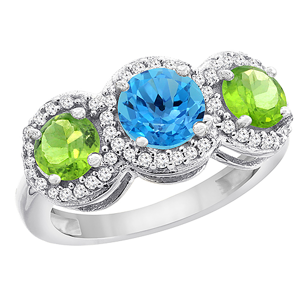 10K White Gold Natural Swiss Blue Topaz & Peridot Sides Round 3-stone Ring Diamond Accents, sizes 5 - 10