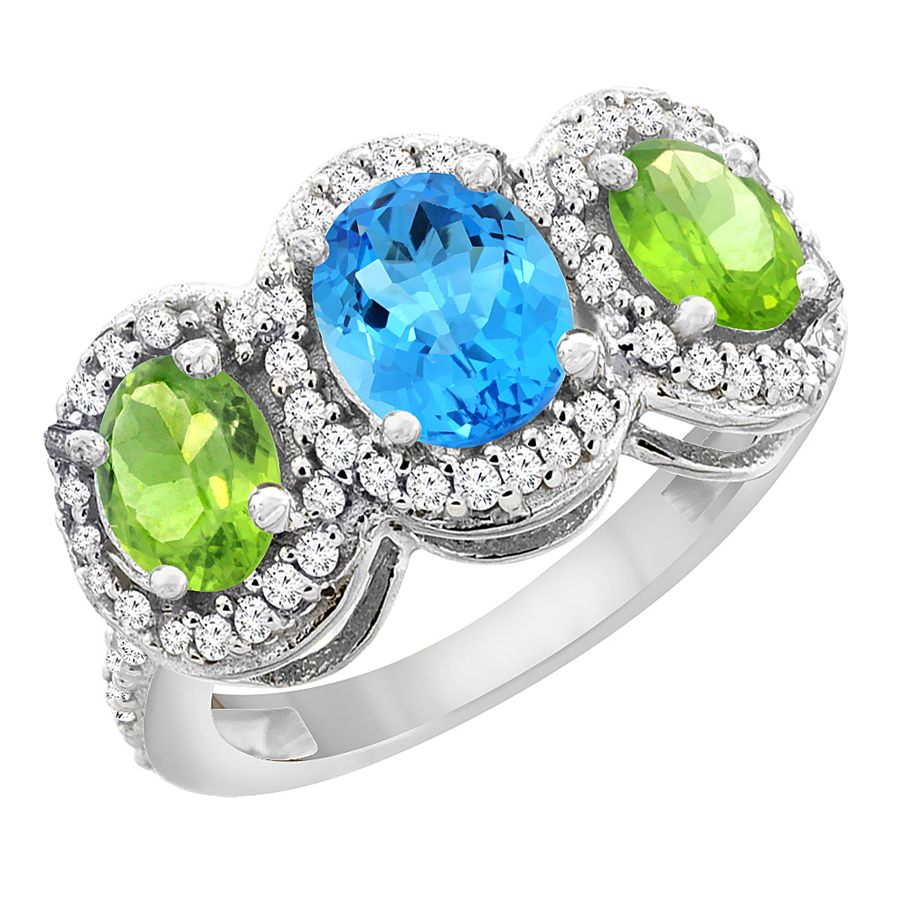 14K White Gold Natural Swiss Blue Topaz & Peridot 3-Stone Ring Oval Diamond Accent, sizes 5 - 10