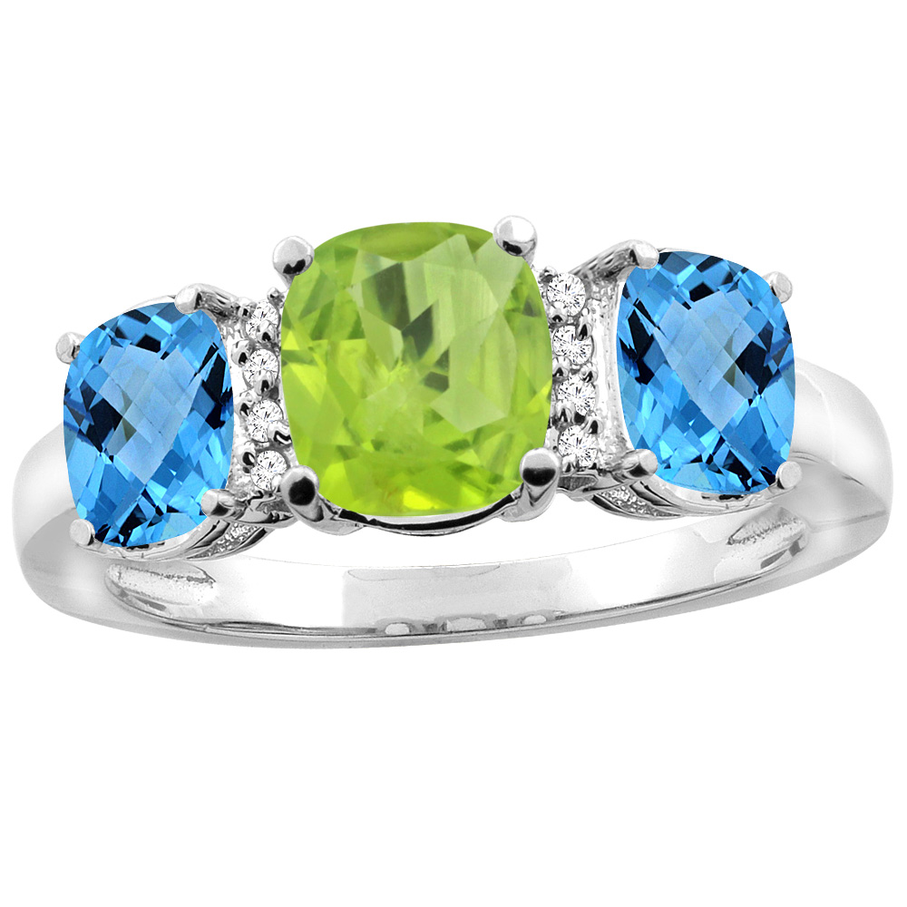 14K Yellow Gold Natural Peridot &amp; Swiss Blue Topaz 3-stone Ring Cushion 8x6mm Diamond Accent, sizes 5 - 10