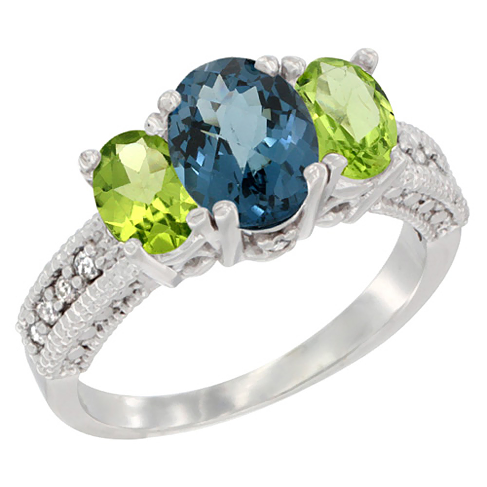 14K White Gold Diamond Natural London Blue Topaz Ring Oval 3-stone with Peridot, sizes 5 - 10