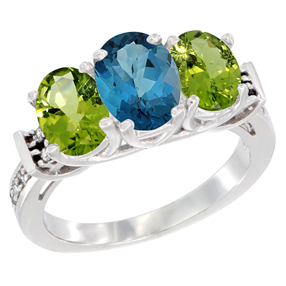 14K White Gold Natural London Blue Topaz & Peridot Sides Ring 3-Stone Oval Diamond Accent, sizes 5 - 10