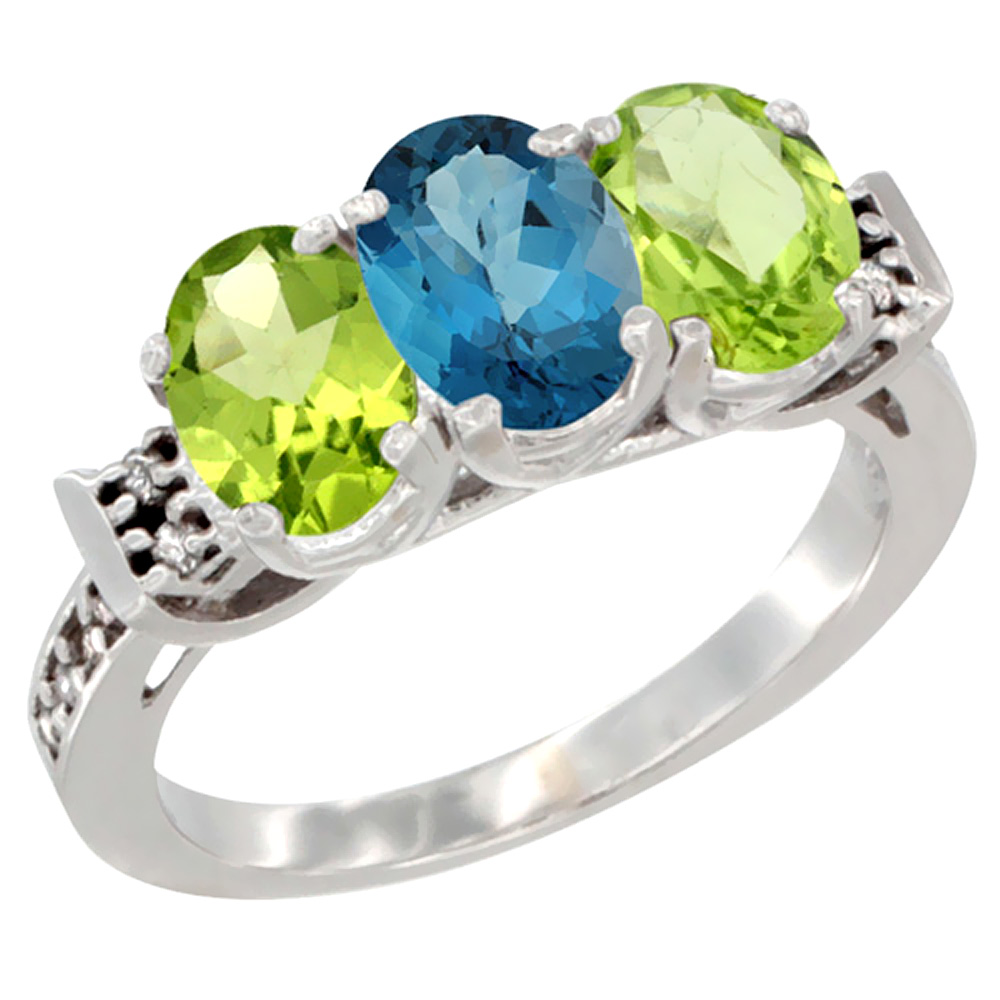 10K White Gold Natural London Blue Topaz &amp; Peridot Sides Ring 3-Stone Oval 7x5 mm Diamond Accent, sizes 5 - 10