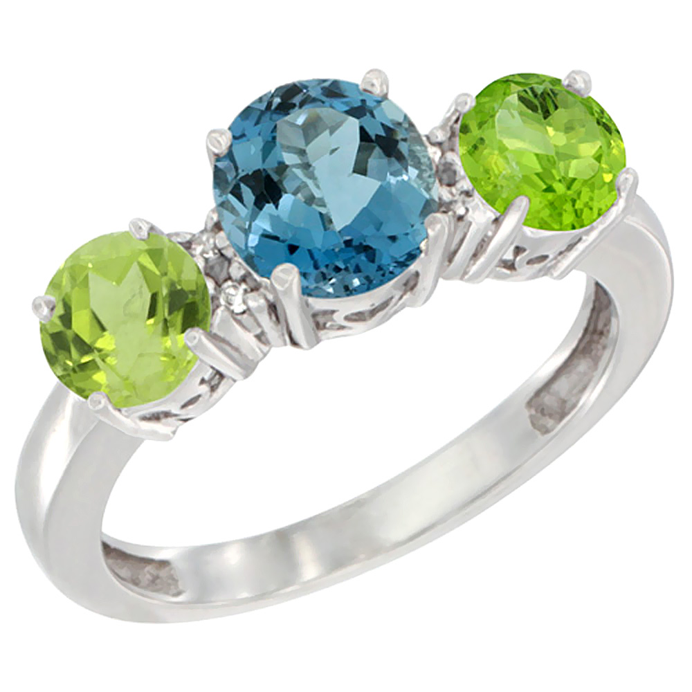 14K White Gold Round 3-Stone Natural London Blue Topaz Ring & Peridot Sides Diamond Accent, sizes 5 - 10