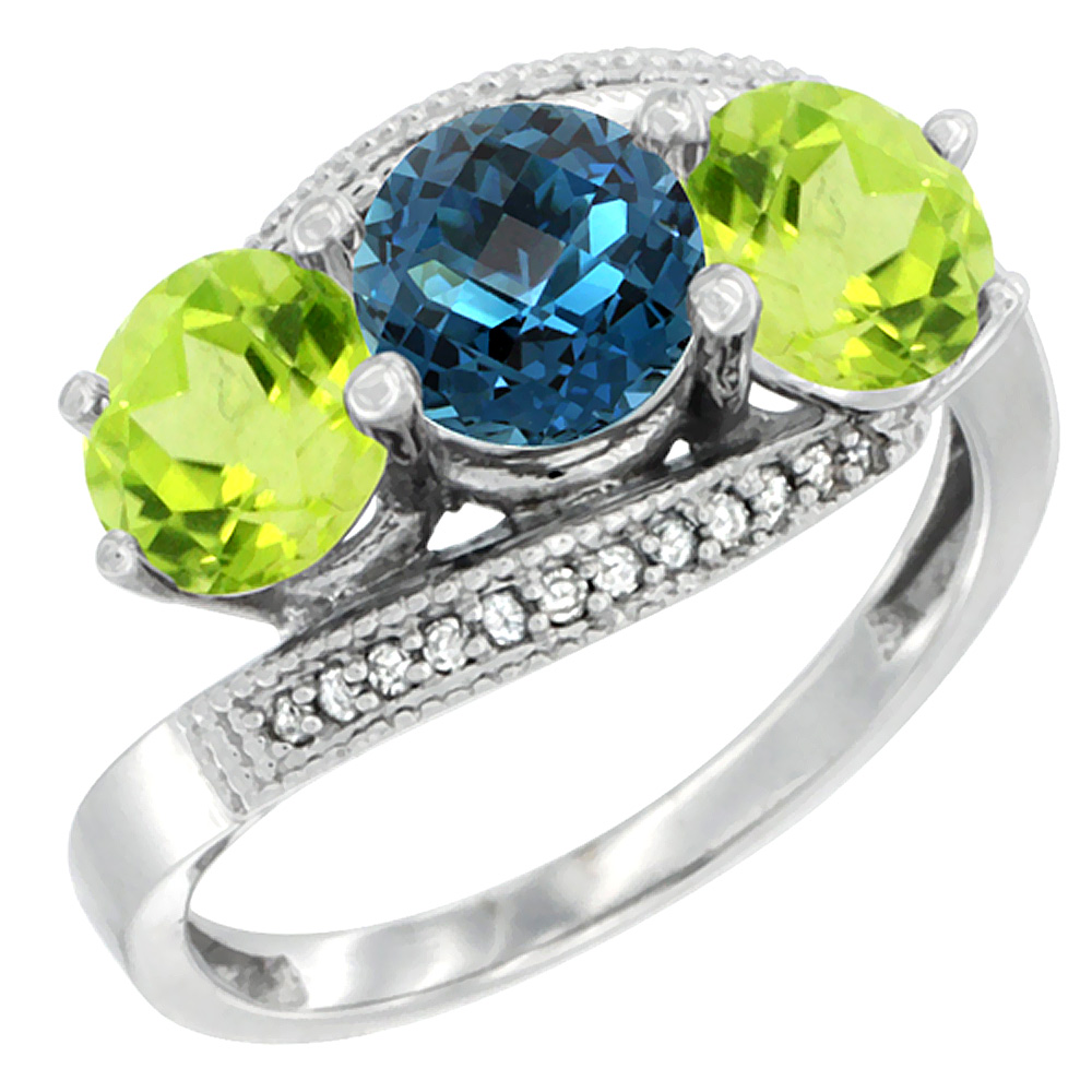 14K White Gold Natural London Blue Topaz & Peridot Sides 3 stone Ring Round 6mm Diamond Accent, sizes 5 - 10