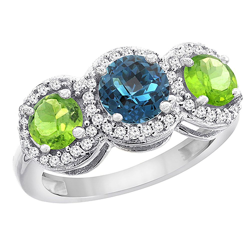 14K White Gold Natural London Blue Topaz & Peridot Sides Round 3-stone Ring Diamond Accents, sizes 5 - 10