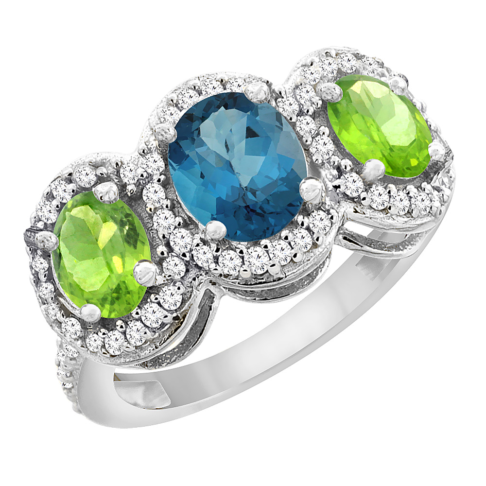 14K White Gold Natural London Blue Topaz & Peridot 3-Stone Ring Oval Diamond Accent, sizes 5 - 10