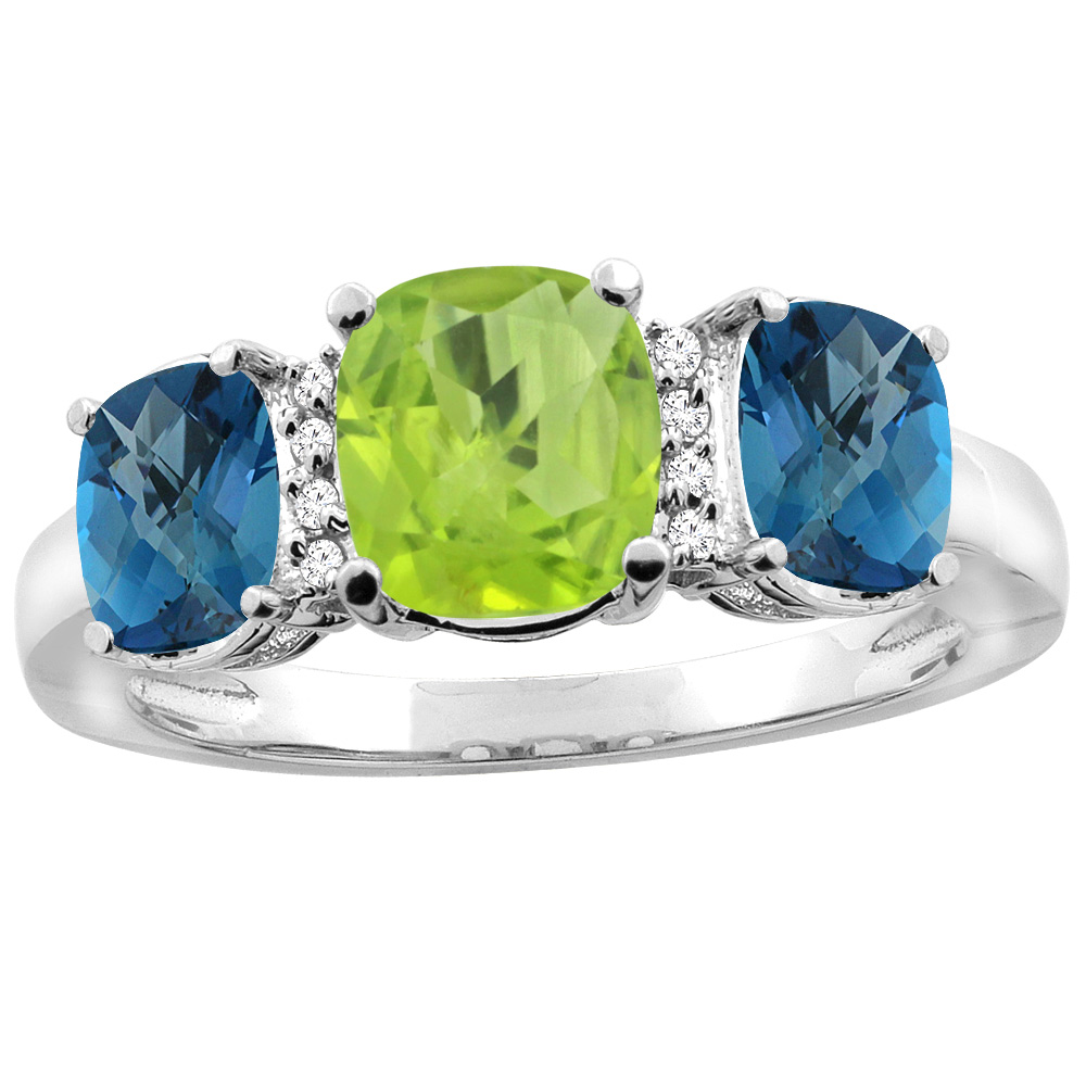 10K Yellow Gold Natural Peridot &amp; London Blue Topaz 3-stone Ring Cushion 8x6mm Diamond Accent, sizes 5 - 10