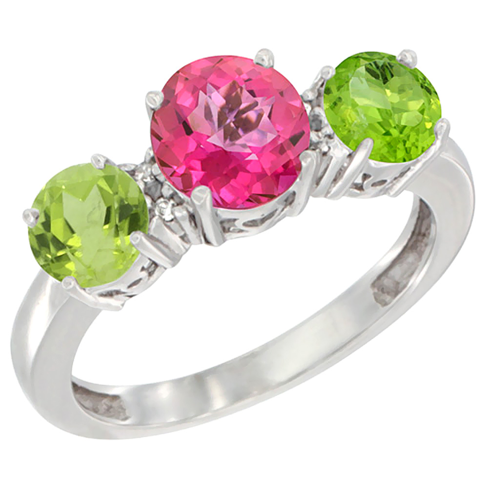 10K White Gold Round 3-Stone Natural Pink Topaz Ring &amp; Peridot Sides Diamond Accent, sizes 5 - 10