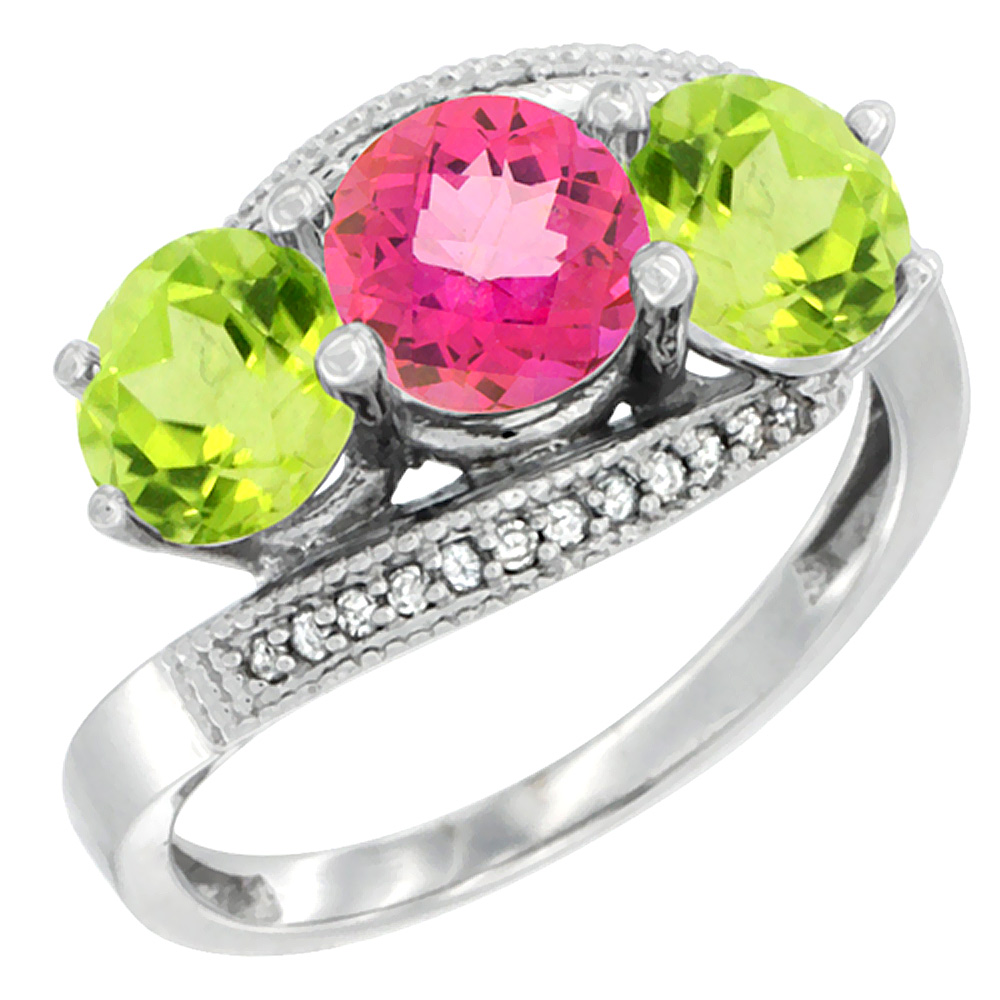 10K White Gold Natural Pink Topaz & Peridot Sides 3 stone Ring Round 6mm Diamond Accent, sizes 5 - 10