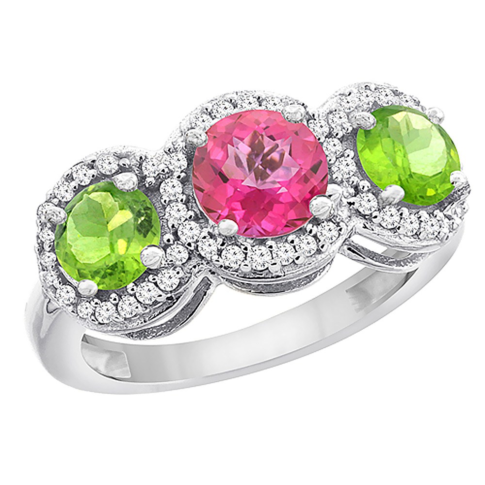 14K White Gold Natural Pink Topaz & Peridot Sides Round 3-stone Ring Diamond Accents, sizes 5 - 10