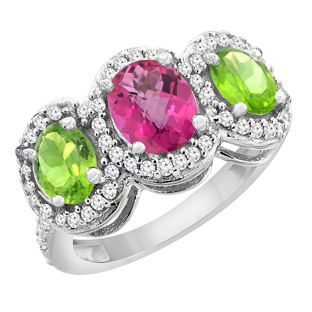 14K White Gold Natural Pink Topaz & Peridot 3-Stone Ring Oval Diamond Accent, sizes 5 - 10