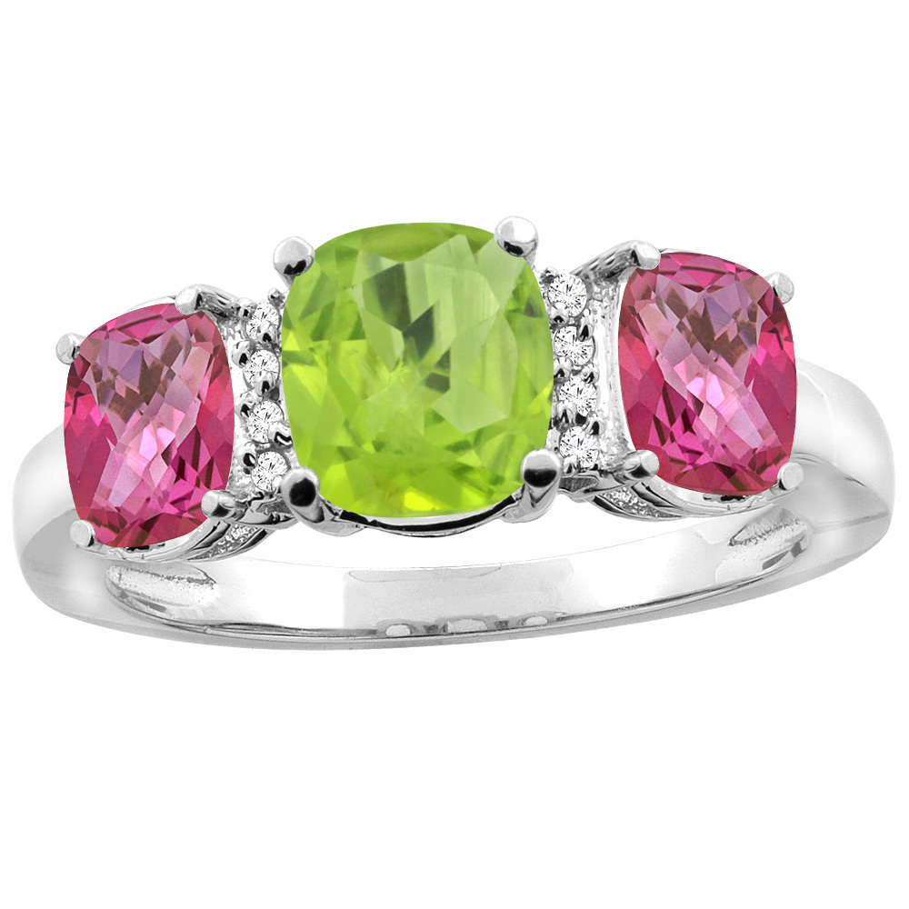 10K Yellow Gold Natural Peridot &amp; Pink Topaz 3-stone Ring Cushion 8x6mm Diamond Accent, sizes 5 - 10