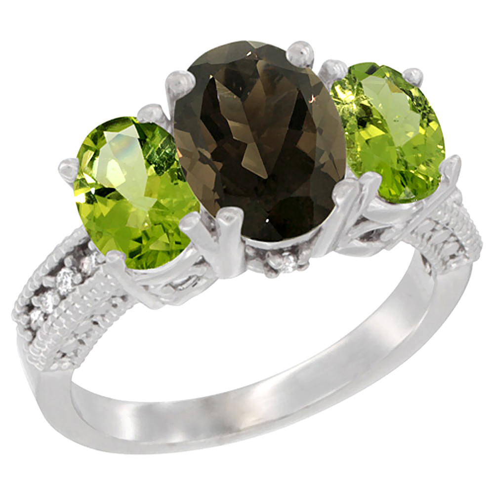 14K White Gold Diamond Natural Smoky Topaz Ring 3-Stone Oval 8x6mm with Peridot, sizes5-10