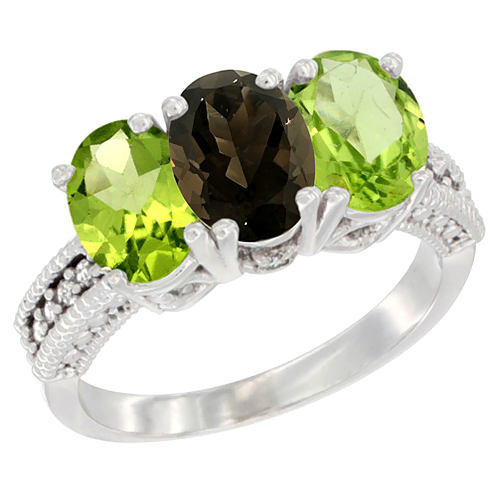 14K White Gold Natural Smoky Topaz & Peridot Sides Ring 3-Stone 7x5 mm Oval Diamond Accent, sizes 5 - 10