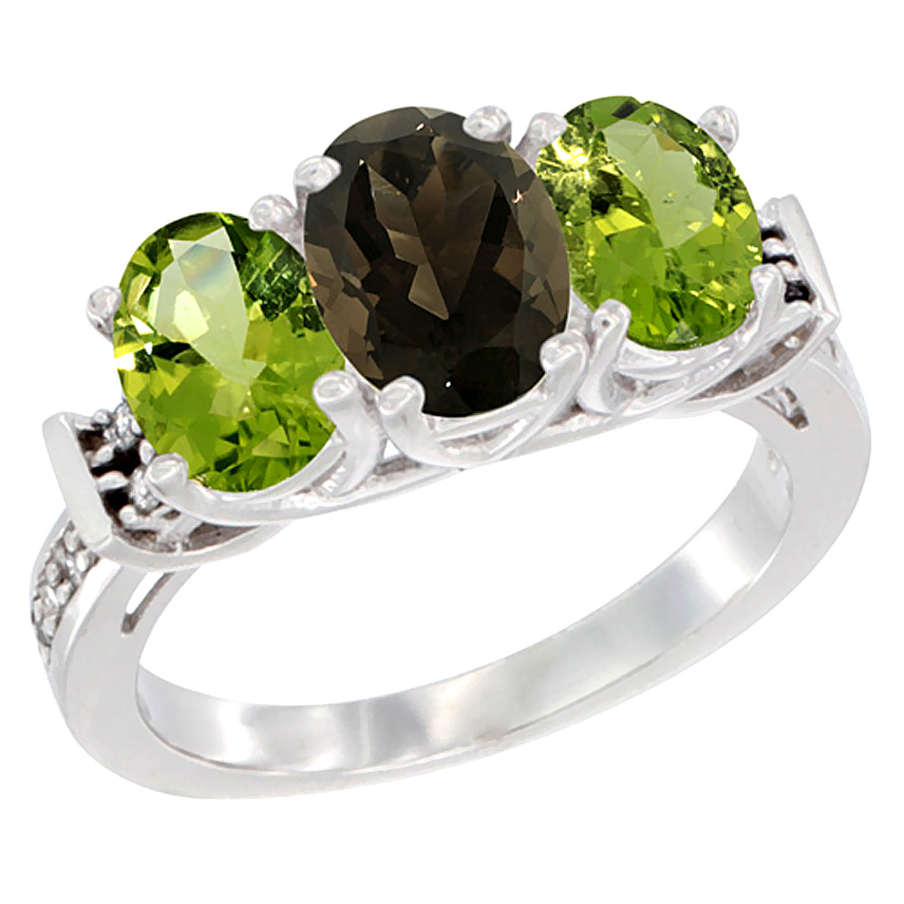 14K White Gold Natural Smoky Topaz & Peridot Sides Ring 3-Stone Oval Diamond Accent, sizes 5 - 10