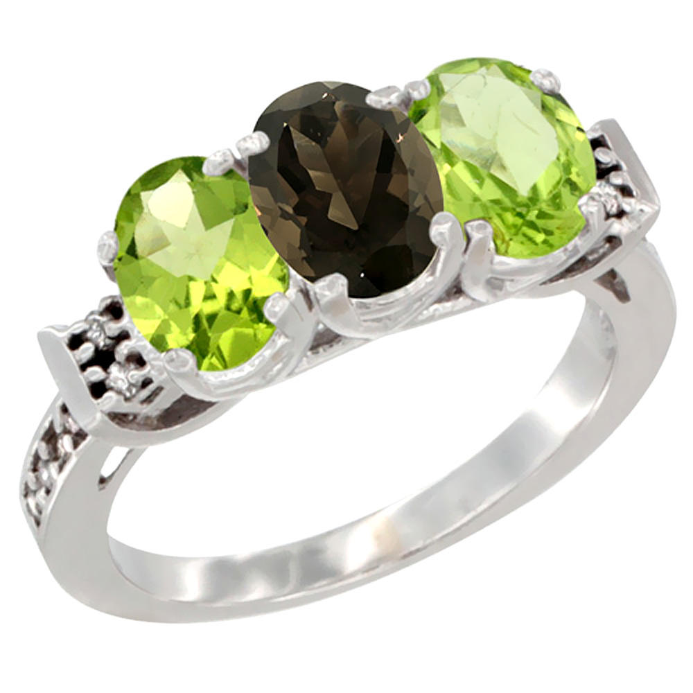 14K White Gold Natural Smoky Topaz & Peridot Sides Ring 3-Stone 7x5 mm Oval Diamond Accent, sizes 5 - 10