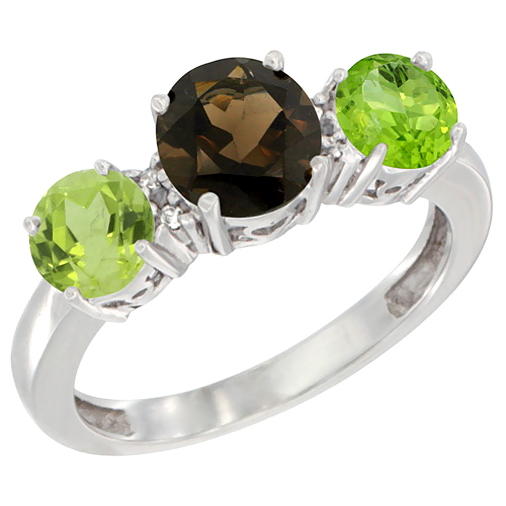 10K White Gold Round 3-Stone Natural Smoky Topaz Ring & Peridot Sides Diamond Accent, sizes 5 - 10