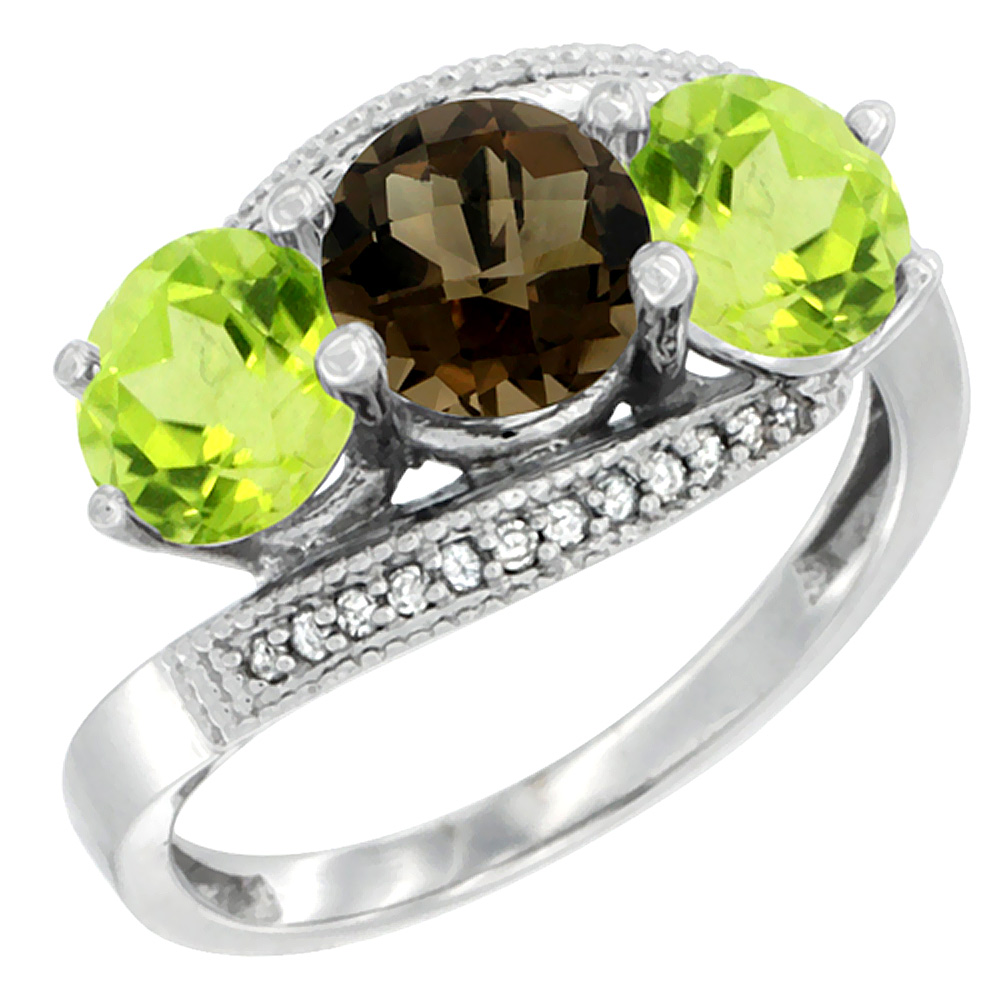 10K White Gold Natural Smoky Topaz & Peridot Sides 3 stone Ring Round 6mm Diamond Accent, sizes 5 - 10