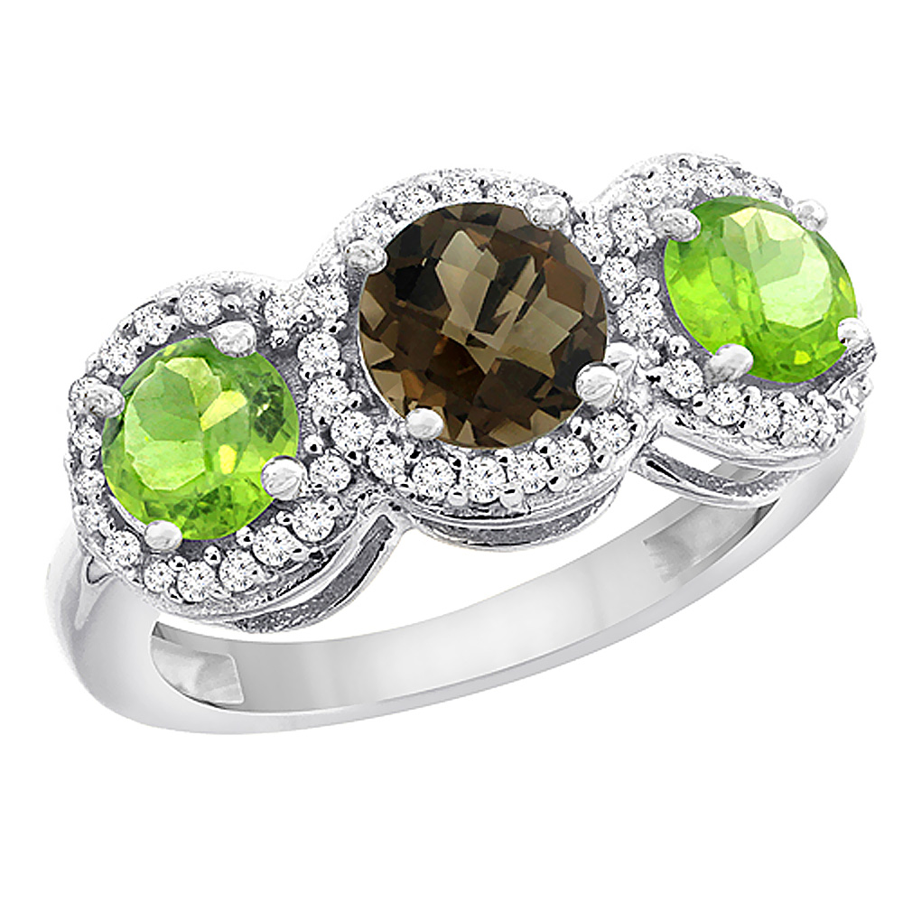 10K White Gold Natural Smoky Topaz & Peridot Sides Round 3-stone Ring Diamond Accents, sizes 5 - 10