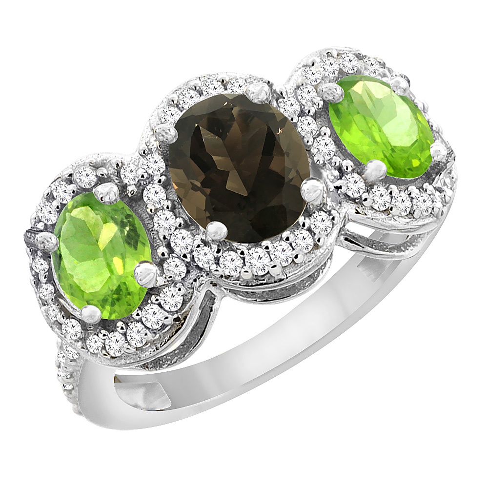 14K White Gold Natural Smoky Topaz & Peridot 3-Stone Ring Oval Diamond Accent, sizes 5 - 10