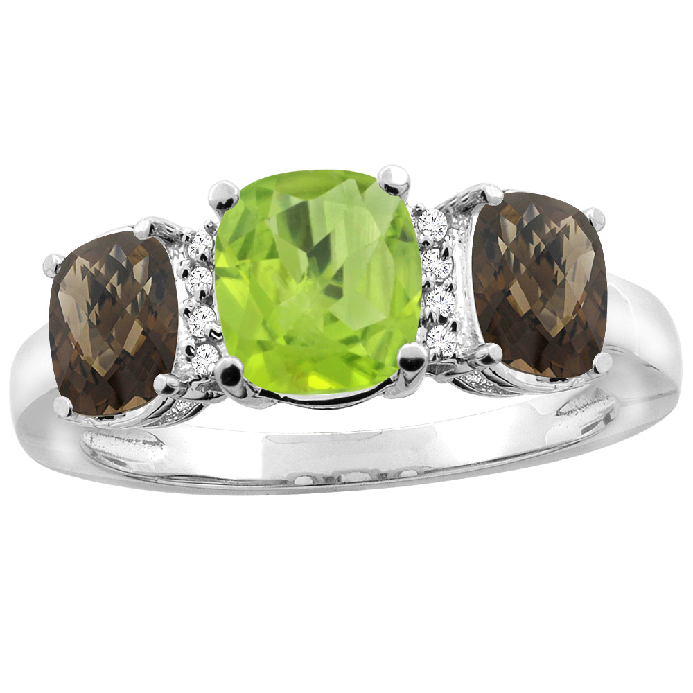 14K White Gold Natural Peridot & Smoky Topaz 3-stone Ring Cushion 8x6mm Diamond Accent, sizes 5 - 10