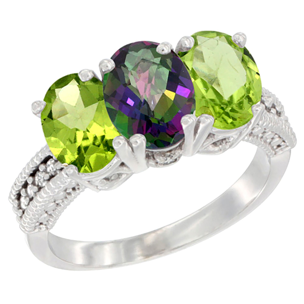 10K White Gold Natural Mystic Topaz &amp; Peridot Sides Ring 3-Stone Oval 7x5 mm Diamond Accent, sizes 5 - 10