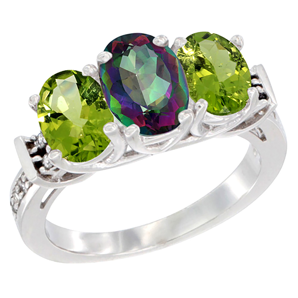 10K White Gold Natural Mystic Topaz & Peridot Sides Ring 3-Stone Oval Diamond Accent, sizes 5 - 10