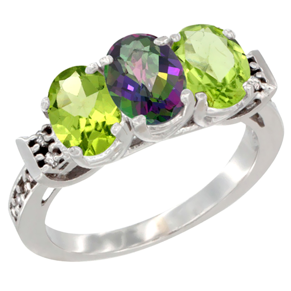 10K White Gold Natural Mystic Topaz &amp; Peridot Sides Ring 3-Stone Oval 7x5 mm Diamond Accent, sizes 5 - 10