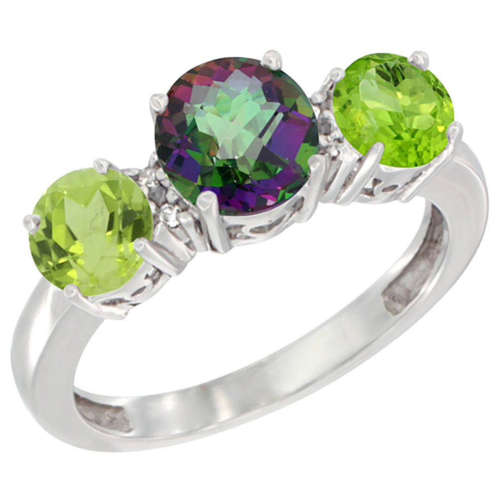 14K White Gold Round 3-Stone Natural Mystic Topaz Ring & Peridot Sides Diamond Accent, sizes 5 - 10