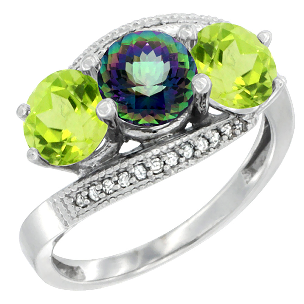 10K White Gold Natural Mystic Topaz & Peridot Sides 3 stone Ring Round 6mm Diamond Accent, sizes 5 - 10