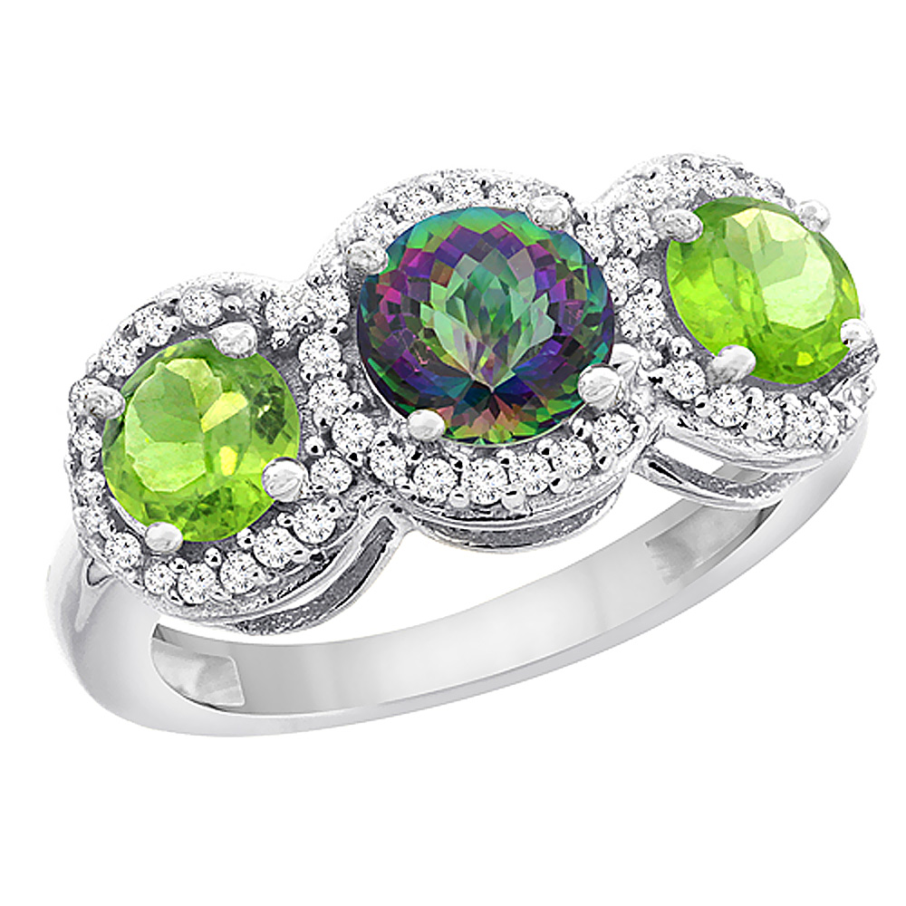 10K White Gold Natural Mystic Topaz &amp; Peridot Sides Round 3-stone Ring Diamond Accents, sizes 5 - 10