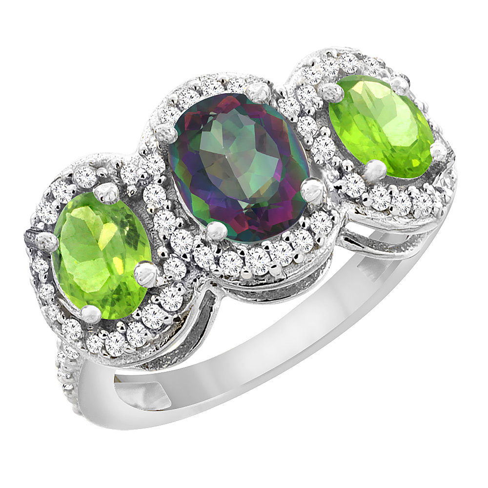 10K White Gold Natural Mystic Topaz & Peridot 3-Stone Ring Oval Diamond Accent, sizes 5 - 10